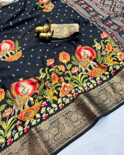 Premium Massmel Kalamkari Print Saree with Heavy Jacquard Border | Running Blouse Included - Rosepetals Luxe