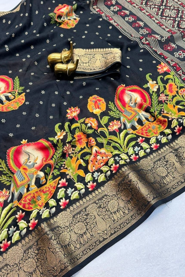 Premium Massmel Kalamkari Print Saree with Heavy Jacquard Border | Running Blouse Included - Rosepetals Luxe
