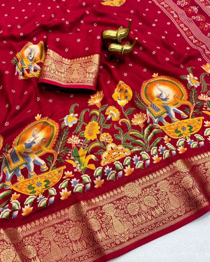 Premium Massmel Kalamkari Print Saree with Heavy Jacquard Border | Running Blouse Included - Rosepetals Luxe