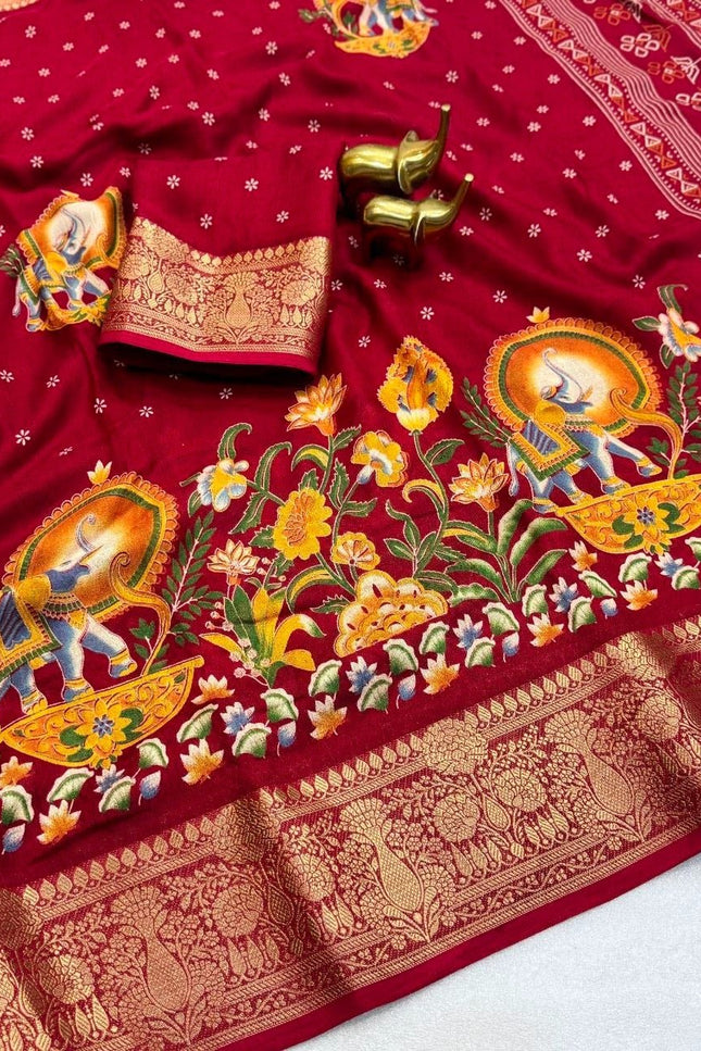 Premium Massmel Kalamkari Print Saree with Heavy Jacquard Border | Running Blouse Included - Rosepetals Luxe