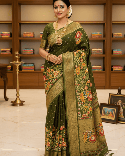 Premium Massmel Kalamkari Print Saree with Heavy Jacquard Border | Running Blouse Included - Rosepetals Luxe