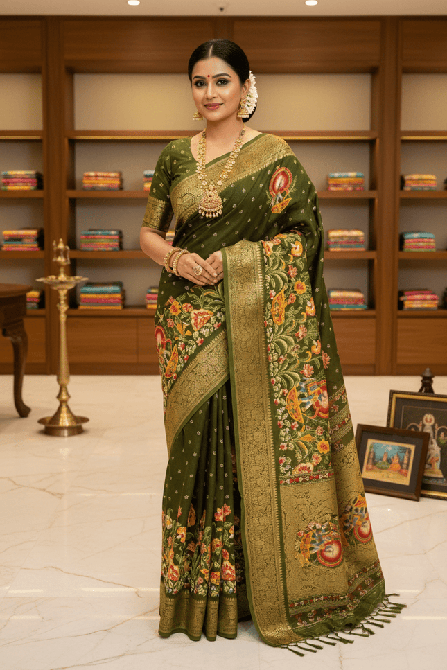Premium Massmel Kalamkari Print Saree with Heavy Jacquard Border | Running Blouse Included - Rosepetals Luxe