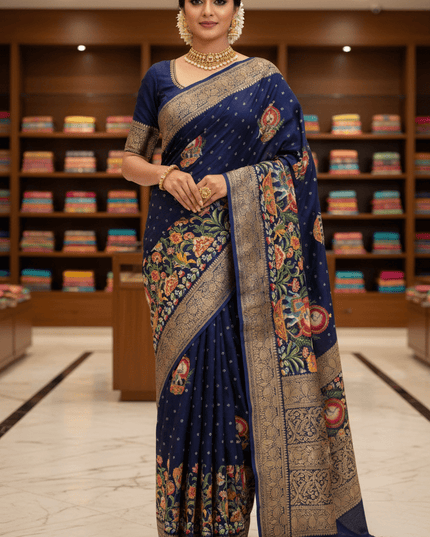 Premium Massmel Kalamkari Print Saree with Heavy Jacquard Border | Running Blouse Included - Rosepetals Luxe