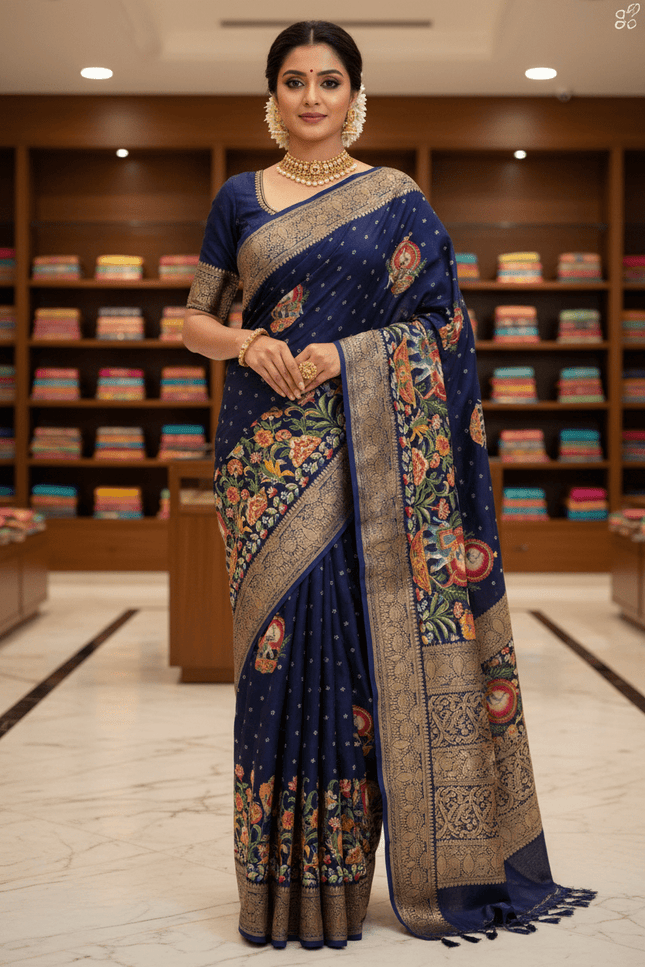 Premium Massmel Kalamkari Print Saree with Heavy Jacquard Border | Running Blouse Included - Rosepetals Luxe
