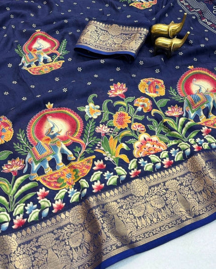 Premium Massmel Kalamkari Print Saree with Heavy Jacquard Border | Running Blouse Included - Rosepetals Luxe