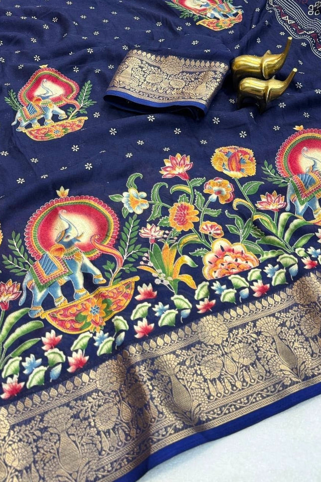 Premium Massmel Kalamkari Print Saree with Heavy Jacquard Border | Running Blouse Included - Rosepetals Luxe