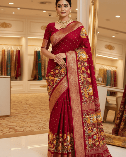 Premium Massmel Kalamkari Print Saree with Heavy Jacquard Border | Running Blouse Included - Rosepetals Luxe