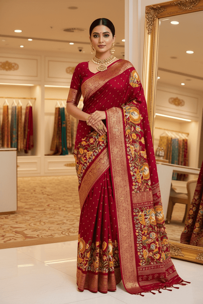 Premium Massmel Kalamkari Print Saree with Heavy Jacquard Border | Running Blouse Included - Rosepetals Luxe