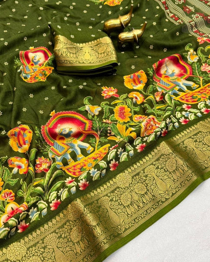 Premium Massmel Kalamkari Print Saree with Heavy Jacquard Border | Running Blouse Included - Rosepetals Luxe