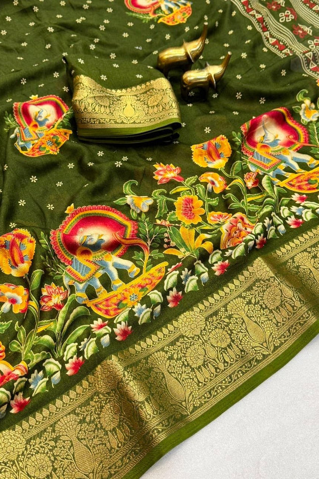 Premium Massmel Kalamkari Print Saree with Heavy Jacquard Border | Running Blouse Included - Rosepetals Luxe
