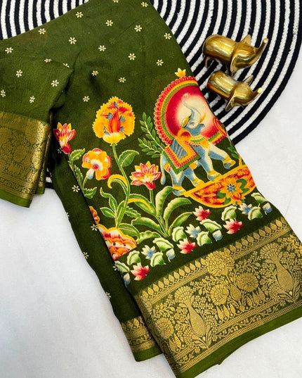 Premium Massmel Kalamkari Print Saree with Heavy Jacquard Border | Running Blouse Included - Rosepetals Luxe