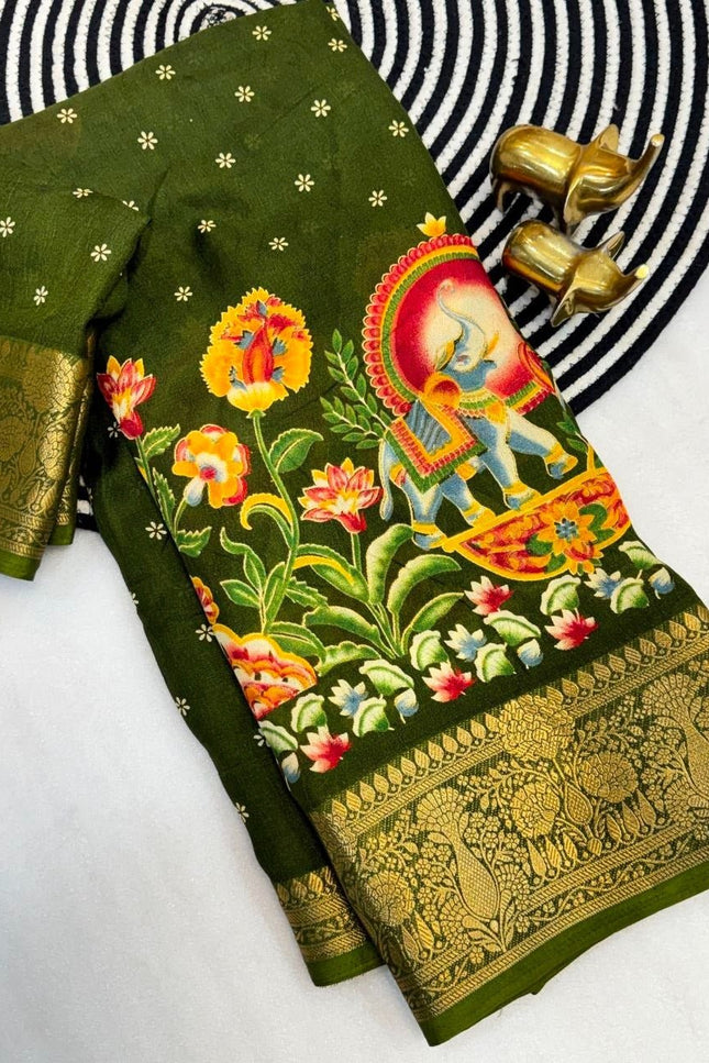 Premium Massmel Kalamkari Print Saree with Heavy Jacquard Border | Running Blouse Included - Rosepetals Luxe