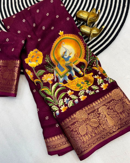 Premium Massmel Kalamkari Print Saree with Heavy Jacquard Border | Running Blouse Included - Rosepetals Luxe