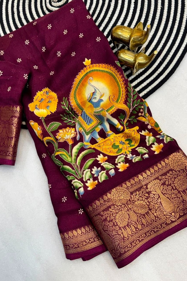 Premium Massmel Kalamkari Print Saree with Heavy Jacquard Border | Running Blouse Included - Rosepetals Luxe