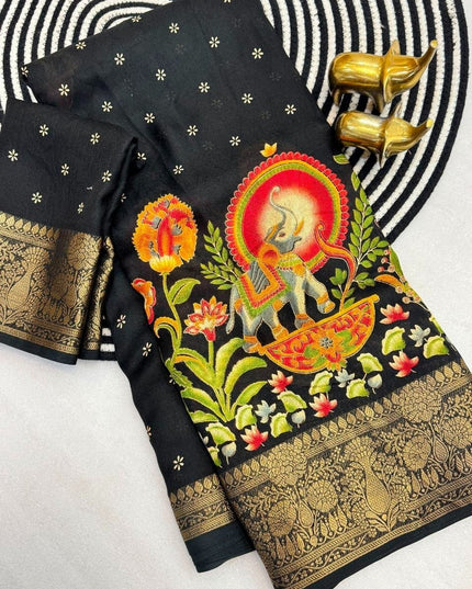 Premium Massmel Kalamkari Print Saree with Heavy Jacquard Border | Running Blouse Included - Rosepetals Luxe