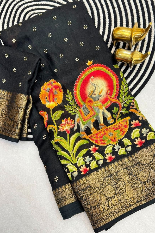 Premium Massmel Kalamkari Print Saree with Heavy Jacquard Border | Running Blouse Included - Rosepetals Luxe