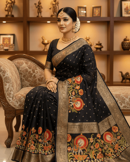 Premium Massmel Kalamkari Print Saree with Heavy Jacquard Border | Running Blouse Included - Rosepetals Luxe