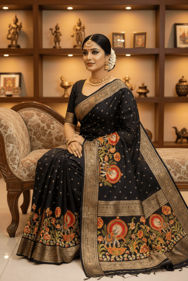 Premium Massmel Kalamkari Print Saree with Heavy Jacquard Border | Running Blouse Included - Rosepetals Luxe