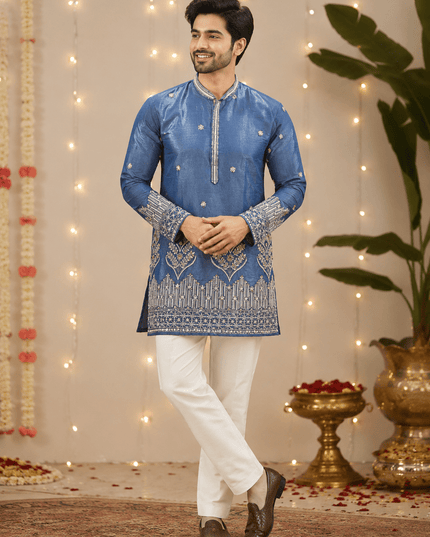 Premium Men’s Shimmer Kurta with Pearl, Bead, Sequin & Glass Pipe Embroidery | Festive Wedding Ethnic Wear - Rosepetals Luxe