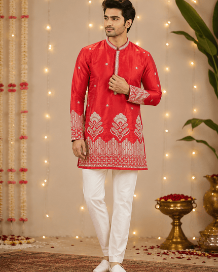 Premium Men’s Shimmer Kurta with Pearl, Bead, Sequin & Glass Pipe Embroidery | Festive Wedding Ethnic Wear - Rosepetals Luxe