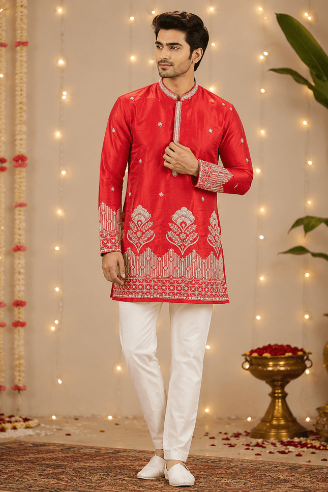 Premium Men’s Shimmer Kurta with Pearl, Bead, Sequin & Glass Pipe Embroidery | Festive Wedding Ethnic Wear - Rosepetals Luxe