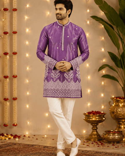Premium Men’s Shimmer Kurta with Pearl, Bead, Sequin & Glass Pipe Embroidery | Festive Wedding Ethnic Wear - Rosepetals Luxe