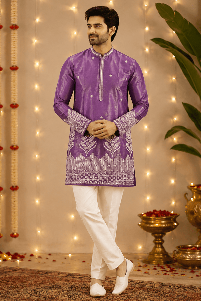 Premium Men’s Shimmer Kurta with Pearl, Bead, Sequin & Glass Pipe Embroidery | Festive Wedding Ethnic Wear - Rosepetals Luxe