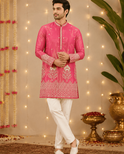 Premium Men’s Shimmer Kurta with Pearl, Bead, Sequin & Glass Pipe Embroidery | Festive Wedding Ethnic Wear - Rosepetals Luxe