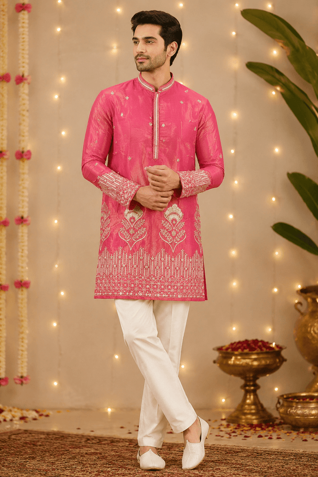 Premium Men’s Shimmer Kurta with Pearl, Bead, Sequin & Glass Pipe Embroidery | Festive Wedding Ethnic Wear - Rosepetals Luxe