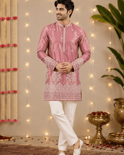 Premium Men’s Shimmer Kurta with Pearl, Bead, Sequin & Glass Pipe Embroidery | Festive Wedding Ethnic Wear - Rosepetals Luxe