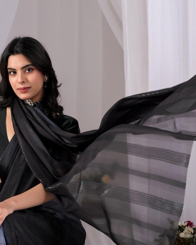 Premium Monsoon Saree With Deep Black And Smoky Grey Tones | Elegant and Timeless Look - Rosepetals Luxe
