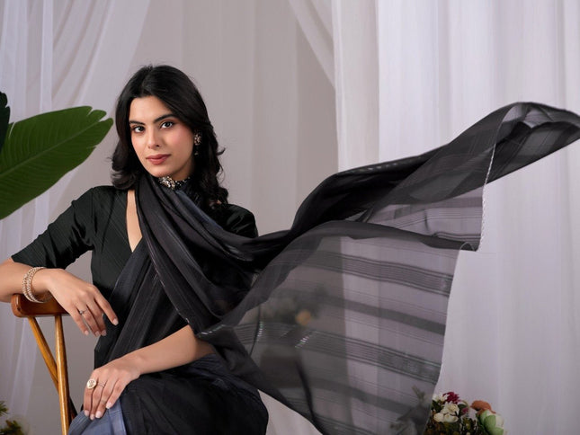 Premium Monsoon Saree With Deep Black And Smoky Grey Tones | Elegant and Timeless Look - Rosepetals Luxe