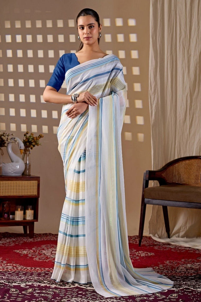 Premium Monsoon Saree With Elegant Blue and Yellow Stripe Patterns | Classy Sophisticated Look - Rosepetals Luxe