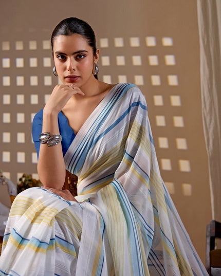 Premium Monsoon Saree With Elegant Blue and Yellow Stripe Patterns | Classy Sophisticated Look - Rosepetals Luxe