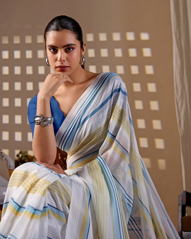 Premium Monsoon Saree With Elegant Blue and Yellow Stripe Patterns | Classy Sophisticated Look - Rosepetals Luxe