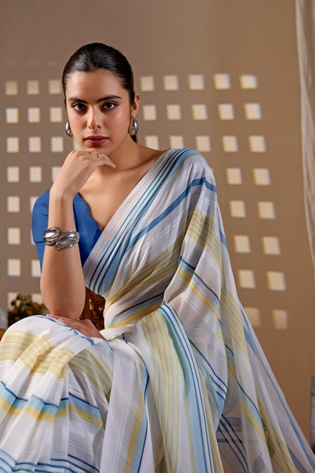 Premium Monsoon Saree With Elegant Blue and Yellow Stripe Patterns | Classy Sophisticated Look - Rosepetals Luxe