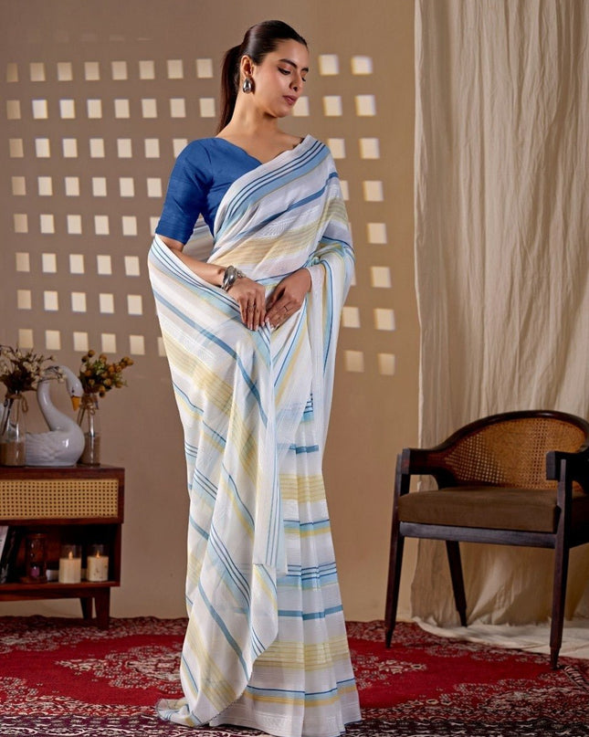 Premium Monsoon Saree With Elegant Blue and Yellow Stripe Patterns | Classy Sophisticated Look - Rosepetals Luxe