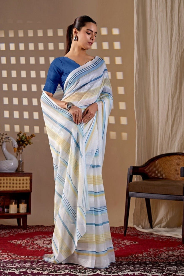 Premium Monsoon Saree With Elegant Blue and Yellow Stripe Patterns | Classy Sophisticated Look - Rosepetals Luxe