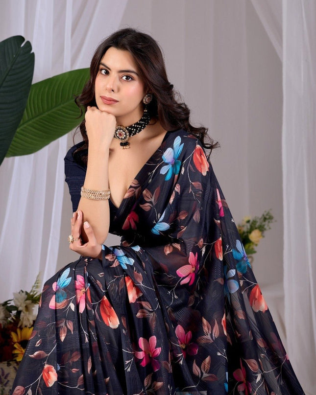 Premium Monsoon Saree With Multicolor Floral Digital Prints | Classy and Effortlessly Chic Look - Rosepetals Luxe