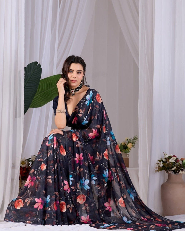 Premium Monsoon Saree With Multicolor Floral Digital Prints | Classy and Effortlessly Chic Look - Rosepetals Luxe