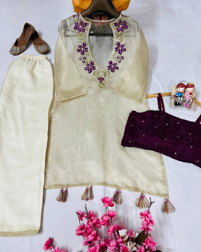 Premium Organza Kurti with Blouse & Pant Set - Rosepetals Luxe