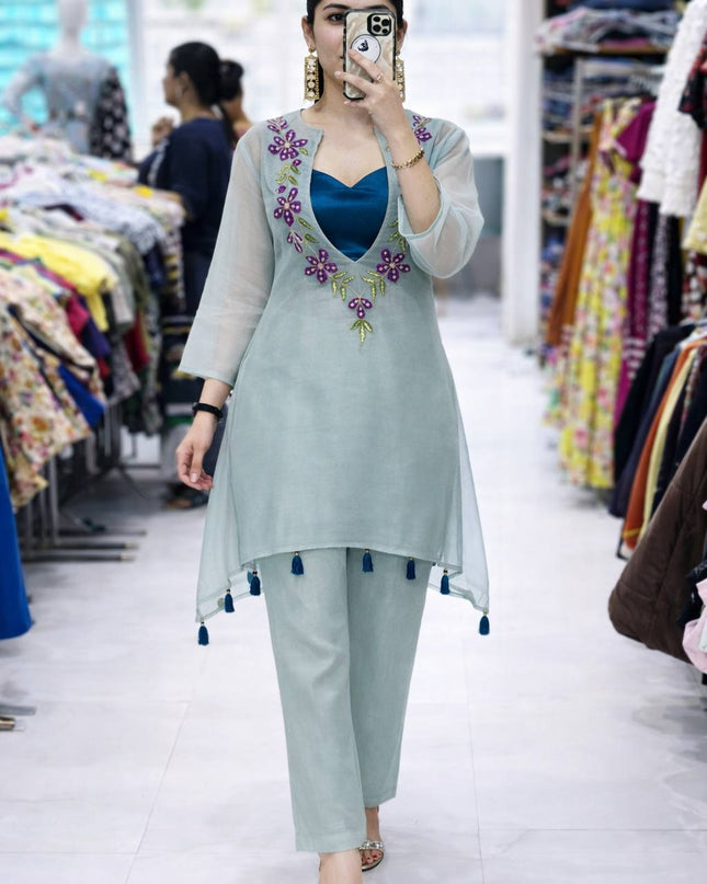 Premium Organza Kurti with Blouse & Pant Set - Rosepetals Luxe