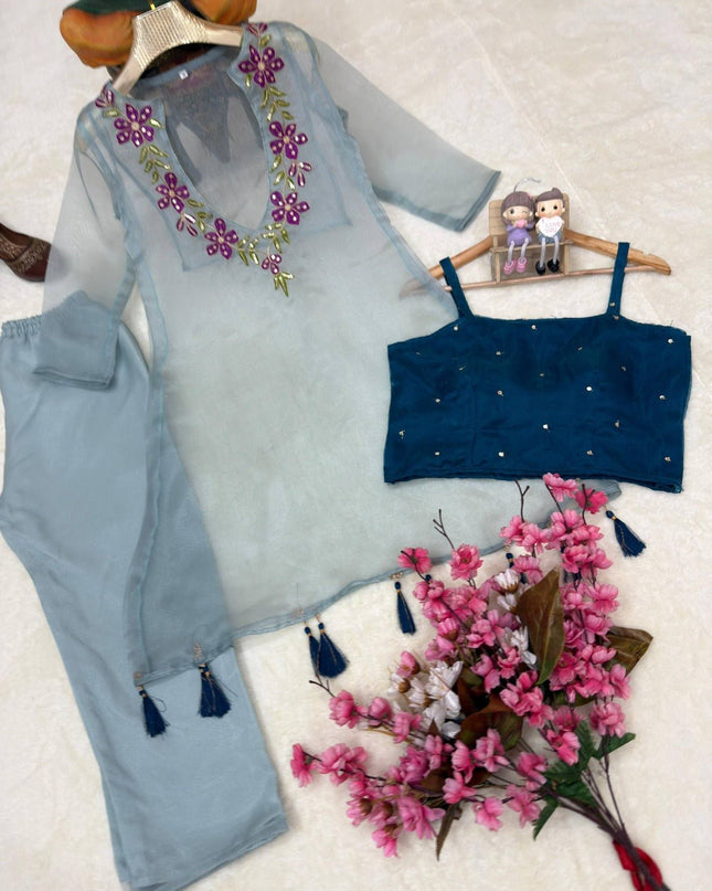 Premium Organza Kurti with Blouse & Pant Set - Rosepetals Luxe