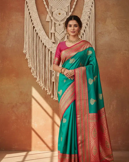 Premium Paithani Silk Saree | Meenakari Peacock Zari Weave | Korvai Border | 7 Colours - Rosepetals Luxe