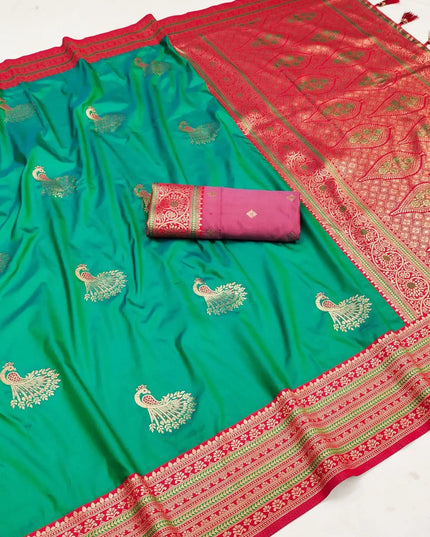 Premium Paithani Silk Saree | Meenakari Peacock Zari Weave | Korvai Border | 7 Colours - Rosepetals Luxe