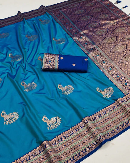 Premium Paithani Silk Saree | Meenakari Peacock Zari Weave | Korvai Border | 7 Colours - Rosepetals Luxe