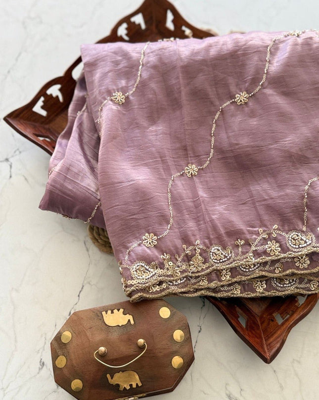 Premium Pure Gold Crush Silk Saree with Hand Work Bits and Sequence Work - Rosepetals Luxe