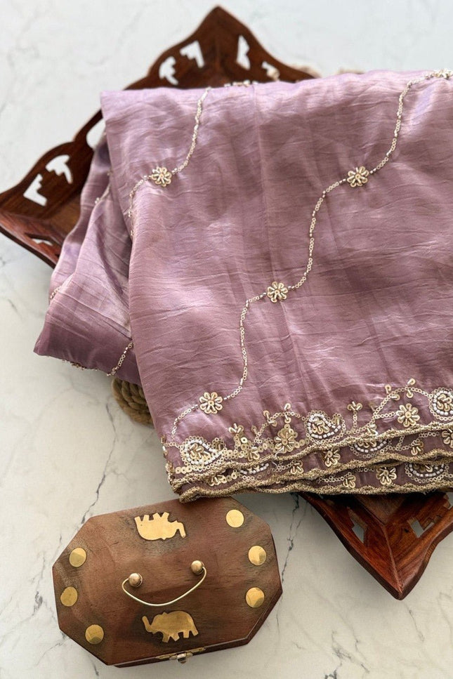 Premium Pure Gold Crush Silk Saree with Hand Work Bits and Sequence Work - Rosepetals Luxe