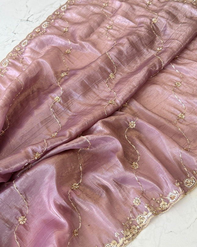 Premium Pure Gold Crush Silk Saree with Hand Work Bits and Sequence Work - Rosepetals Luxe