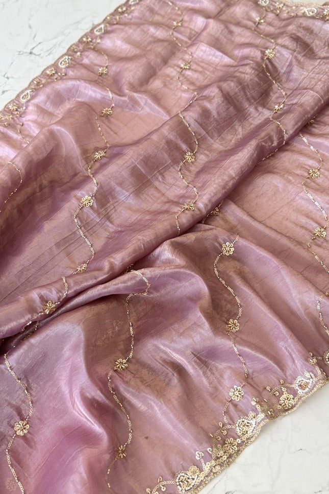 Premium Pure Gold Crush Silk Saree with Hand Work Bits and Sequence Work - Rosepetals Luxe